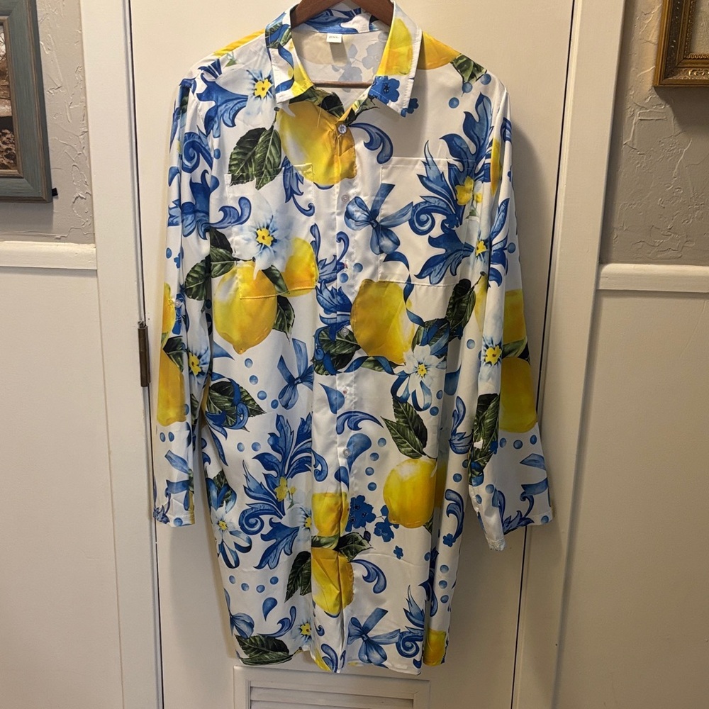 Lemon Print Midi Dress - Blue and Yellow